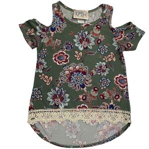 GLITTER GIRL Top Size 7 Cold-Shoulder High-Low Tunic Green Floral Short Sleeve